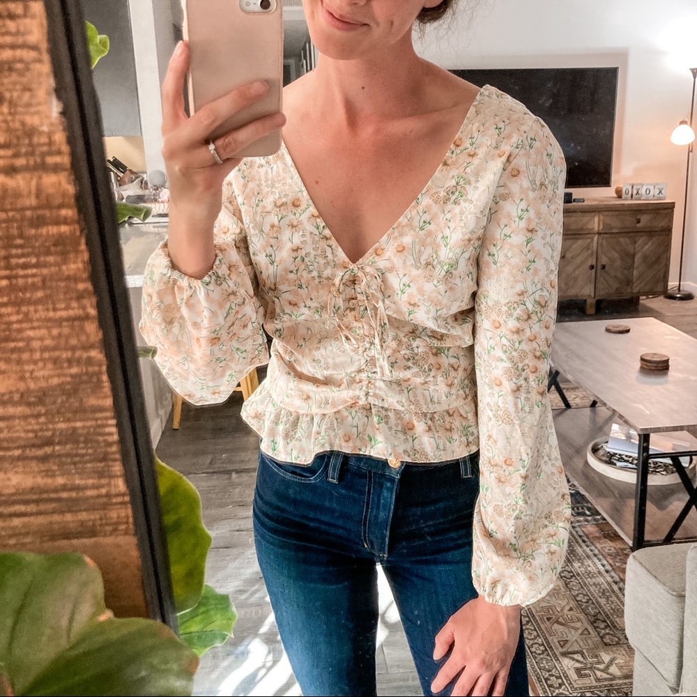 GOODNIGHT MACAROON Floral Blouse Cinched Smocked Long Sleeve Crop Revolve